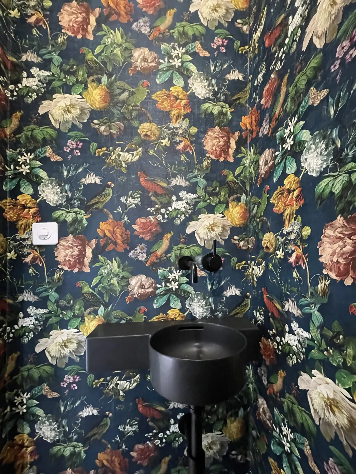 Blüten und Papageien auf Nachtblau, an allen Wänden. Waschbecken, Armatur und WC in mattem Schwarz.